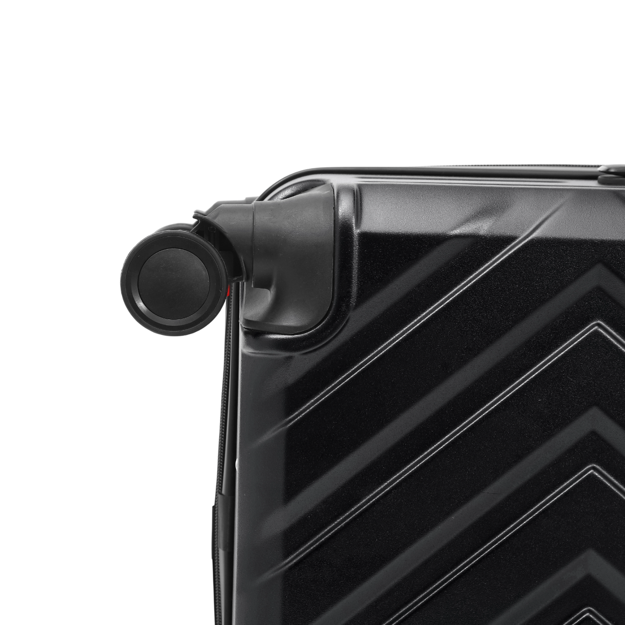 Sort Horizon 2.0 kuffert med tæt detalje af hjulet.